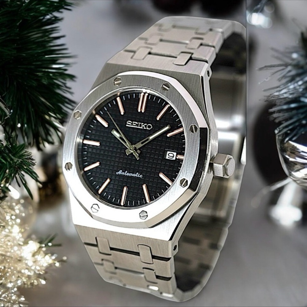 Seiko Mod Watch Royal Oak (Custom Built Steel Royal Oak Inspired - Black Dial)